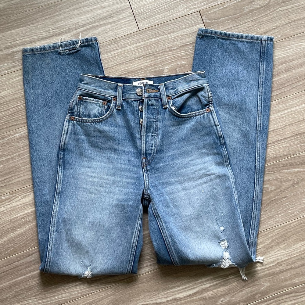 Redone 90s High Rise Loose Medium Destroyed Blue Wash Sz 24 100% Cotton EUC - Picture 13 of 13